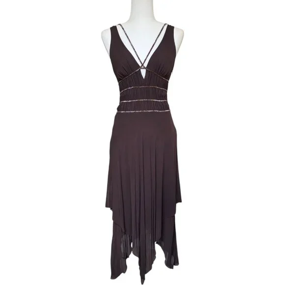 Y2K BCBGMAXAZRIA Brown Asymmetrical Fairy Dress Breaded, Size 4, 100% Silk - Picture 4 of 11